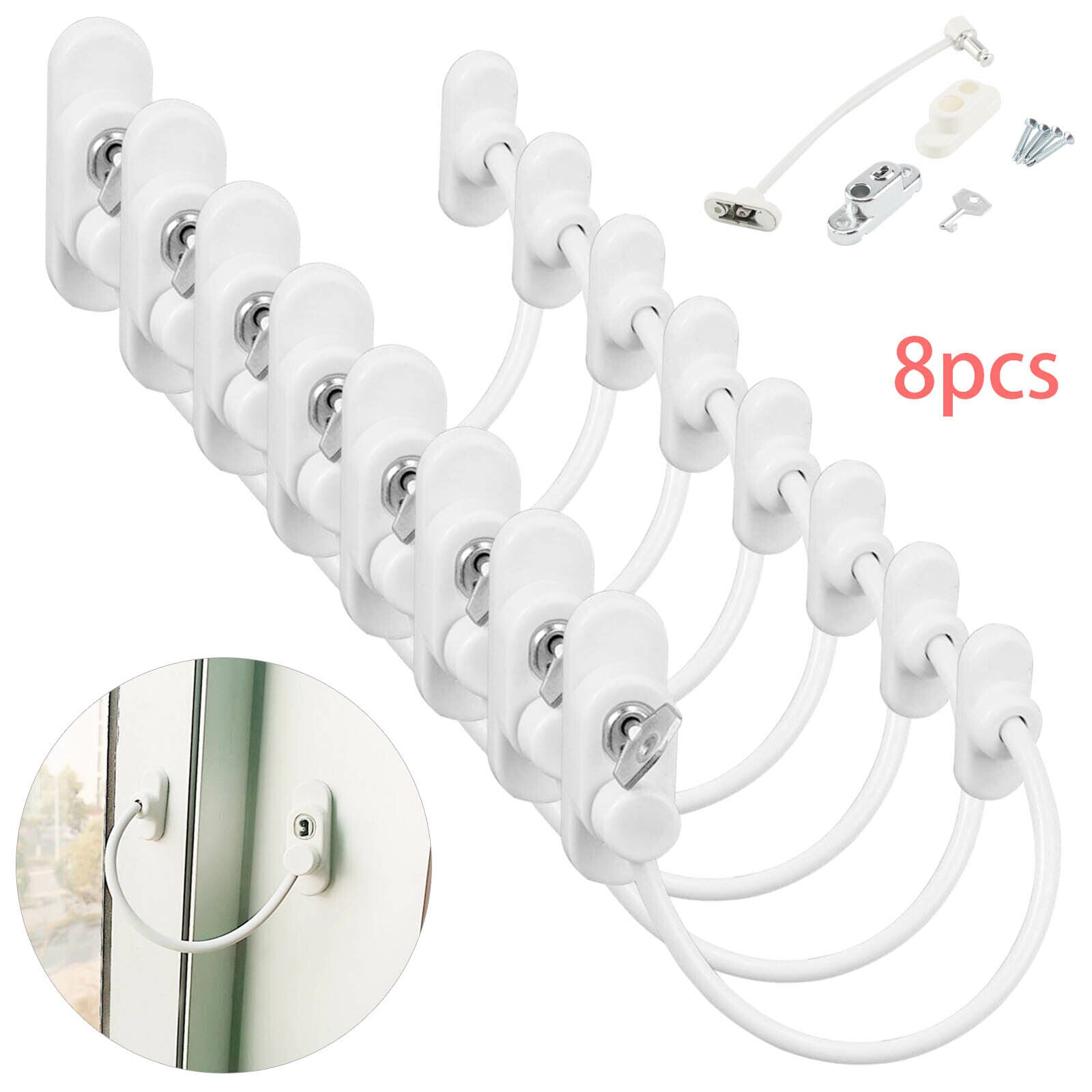 8 X White Window Door Restrictor Safety Lock Upvc Child Security Wire Cable